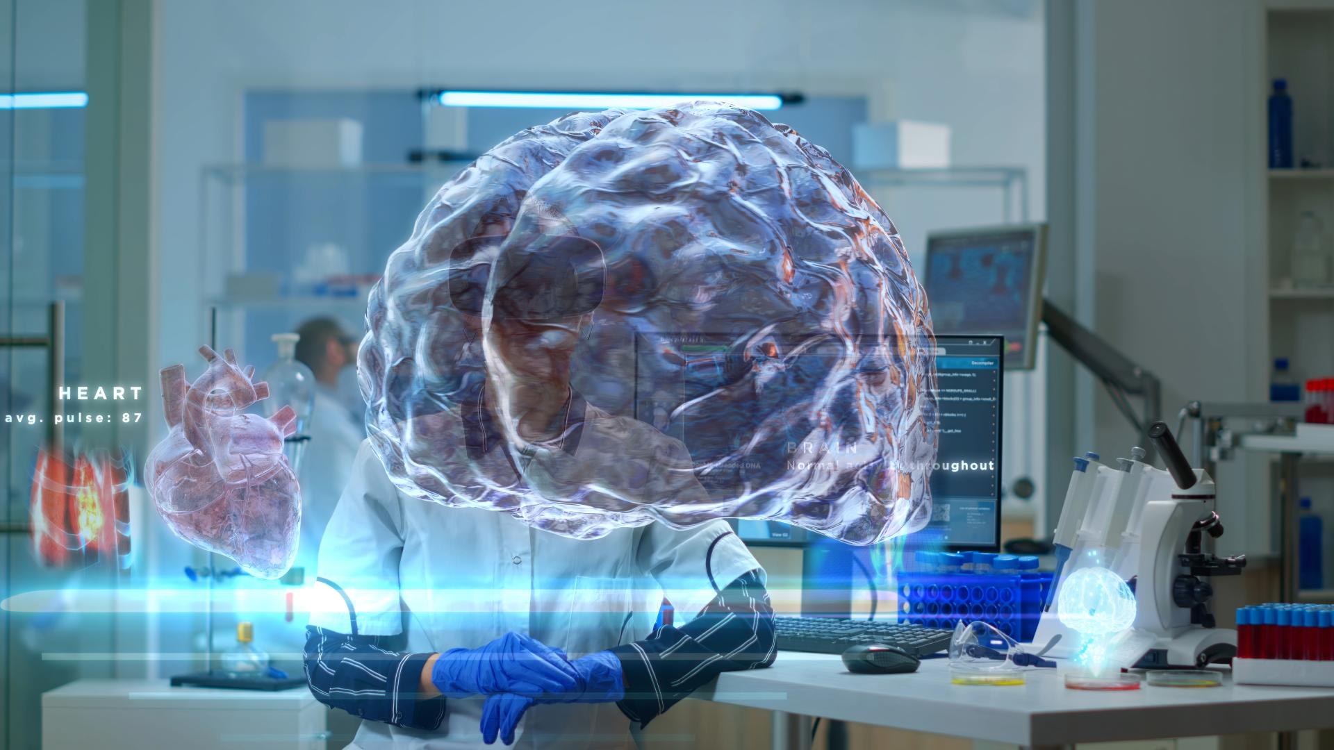 laboratorio con computer e una persona che indossa un visore per la realtà virtuale, illustrazione di un cervello sovrapposta