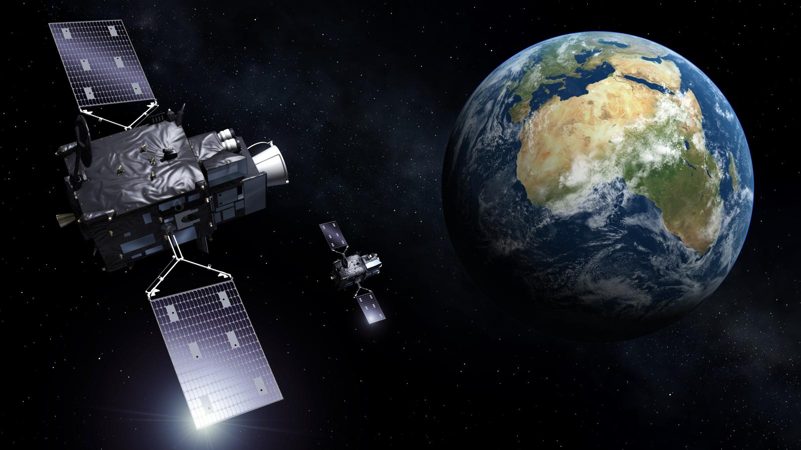 Rappresentazione del Meteosat Third Generation nello spazio con la Terra sullo sfondo