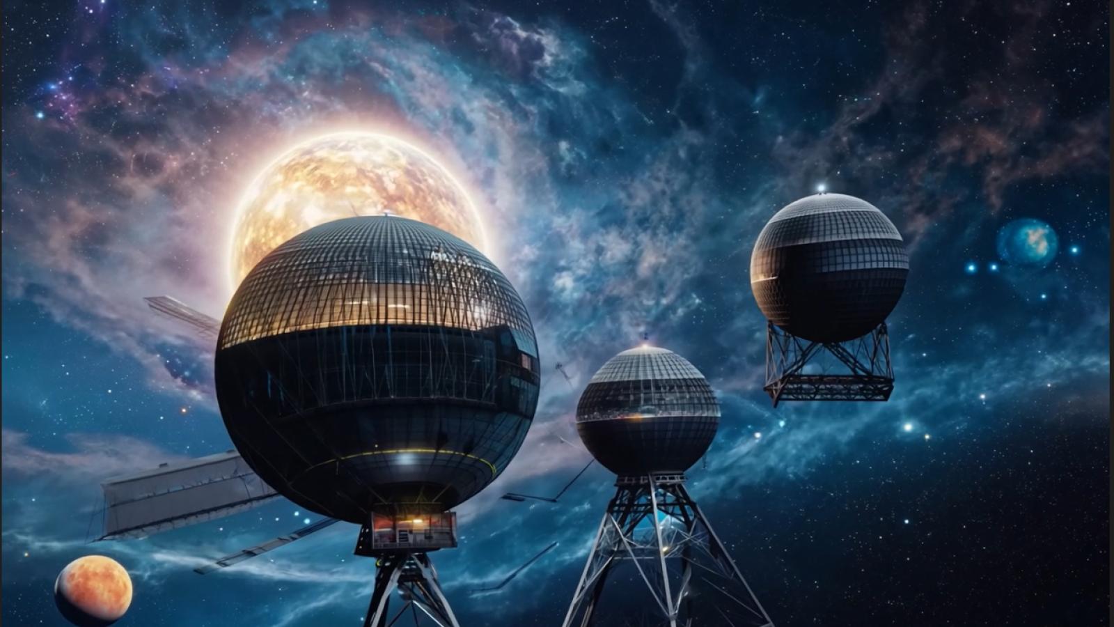 tre sfere tecnologiche nello spazio son sfondo pianeta luminoso