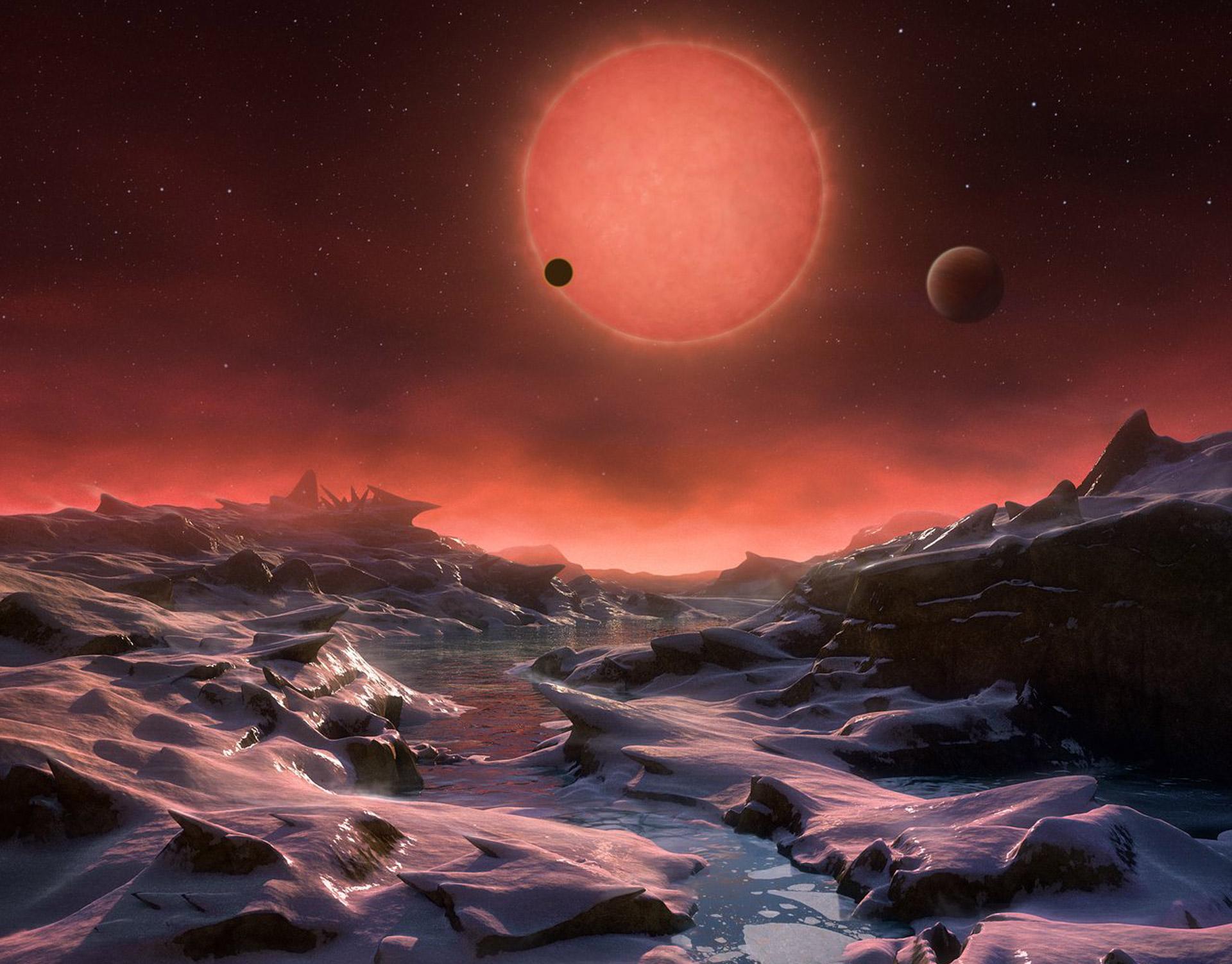 Rappresentazione artistica dell’orizzonte di uno dei pianeti scoperti attorno alla stella Trappist, ben tre risiedono all’interno della cosiddetta “zona abitabile