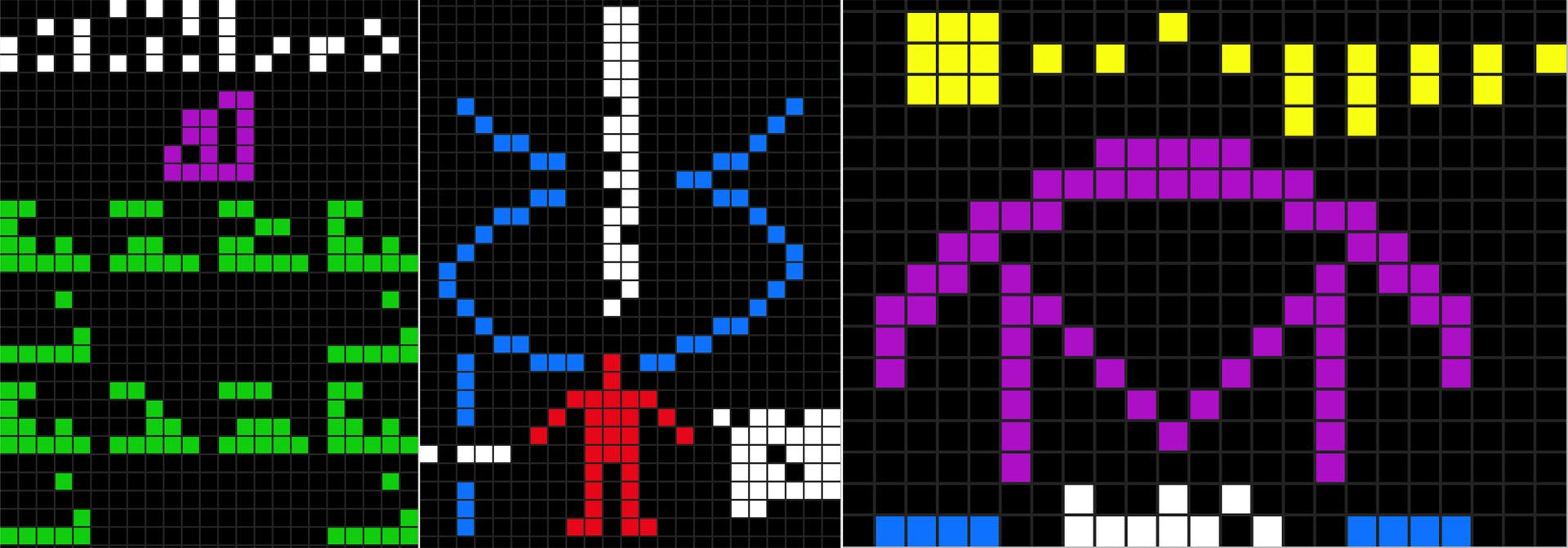 Il messaggio di Arecibo “scomposto” nelle sue diverse informazioni. A sinistra: la rappresentazione dei numeri da 1 a 10, in bianco, in viola i numeri atomici degli elementi del Dna umano